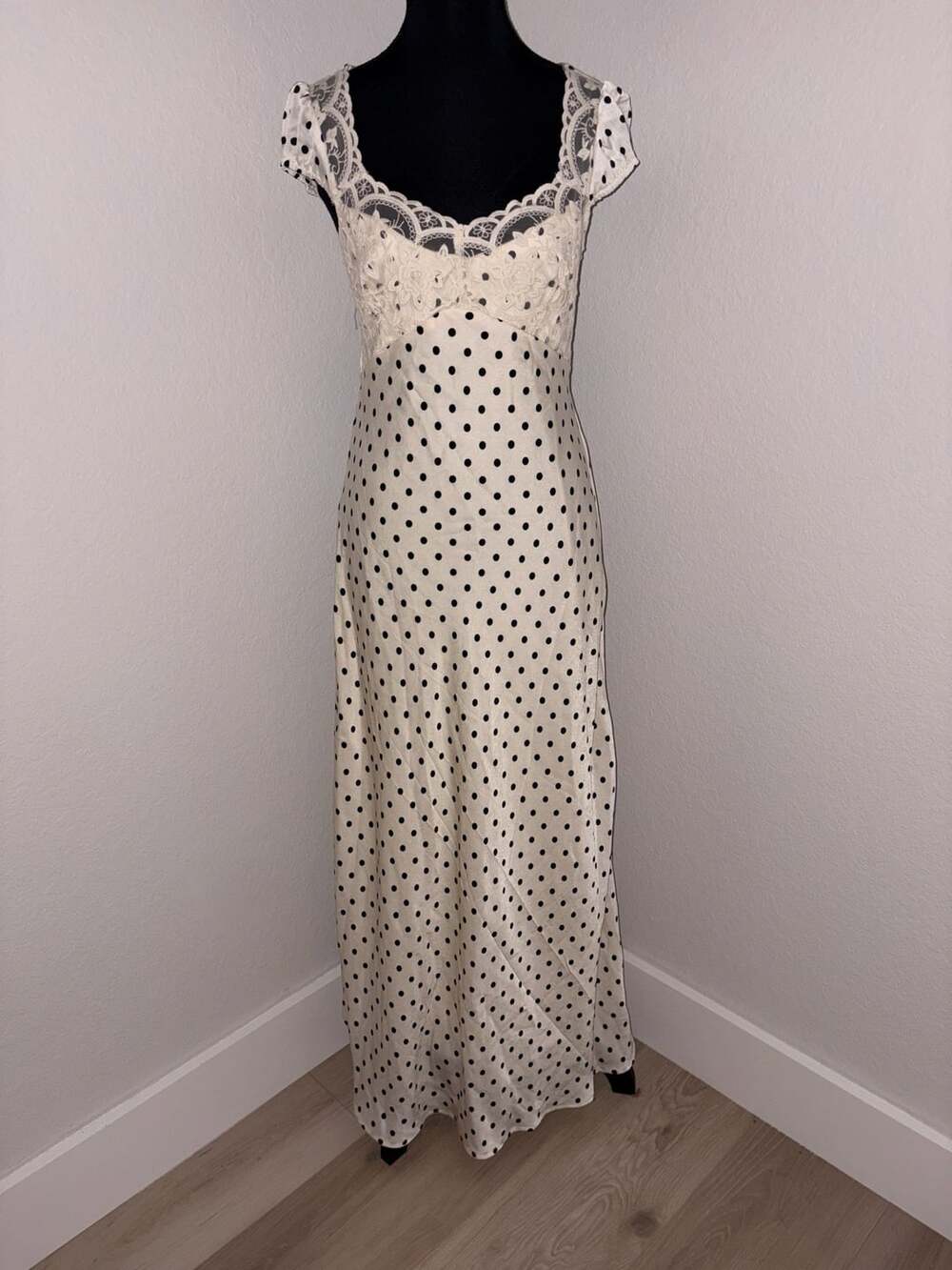 Thirty Thirty Polka Dot Satin Lace Trim Maxi Dress